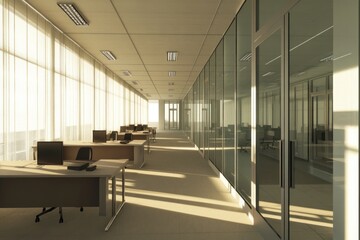 Sunlit modern office corridor with glass walls and desks.