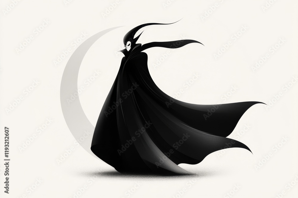 Poster a stylized silhouette of a vampire with a flowing cloak, framed by a crescent moon in bold, simple l