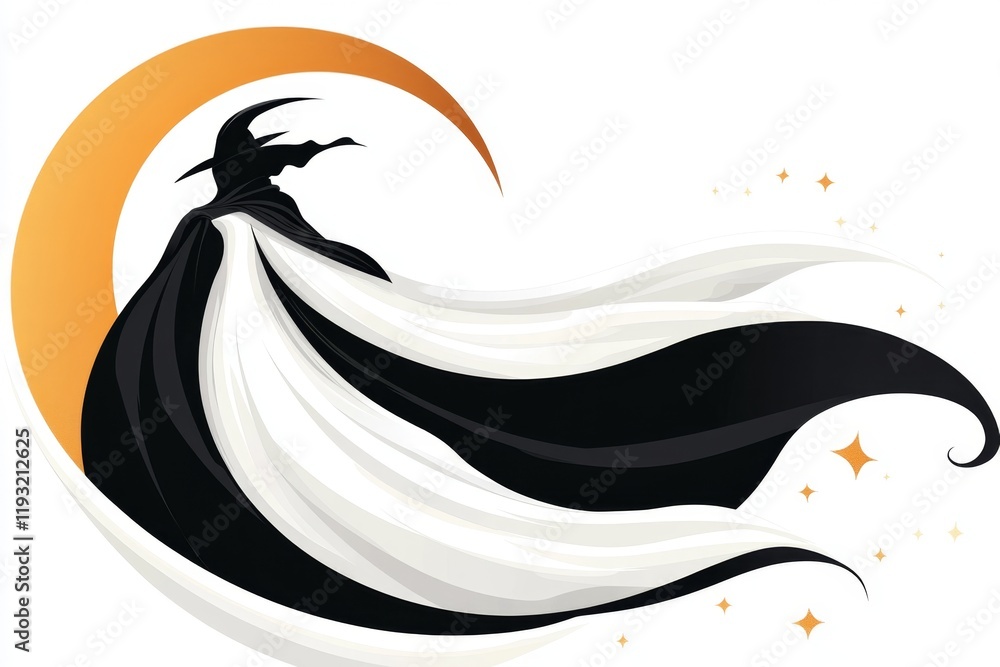 Poster a stylized silhouette of a vampire with a flowing cloak, framed by a crescent moon in bold, simple l