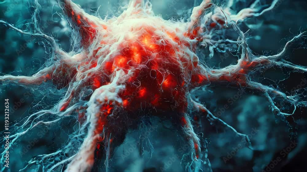Poster a detailed close-up of a neuron with glowing red nodes, representing neural activity and connections