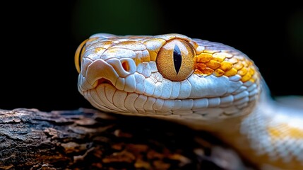 Fototapeta premium Close-up of golden snake with sharp eyes on bark