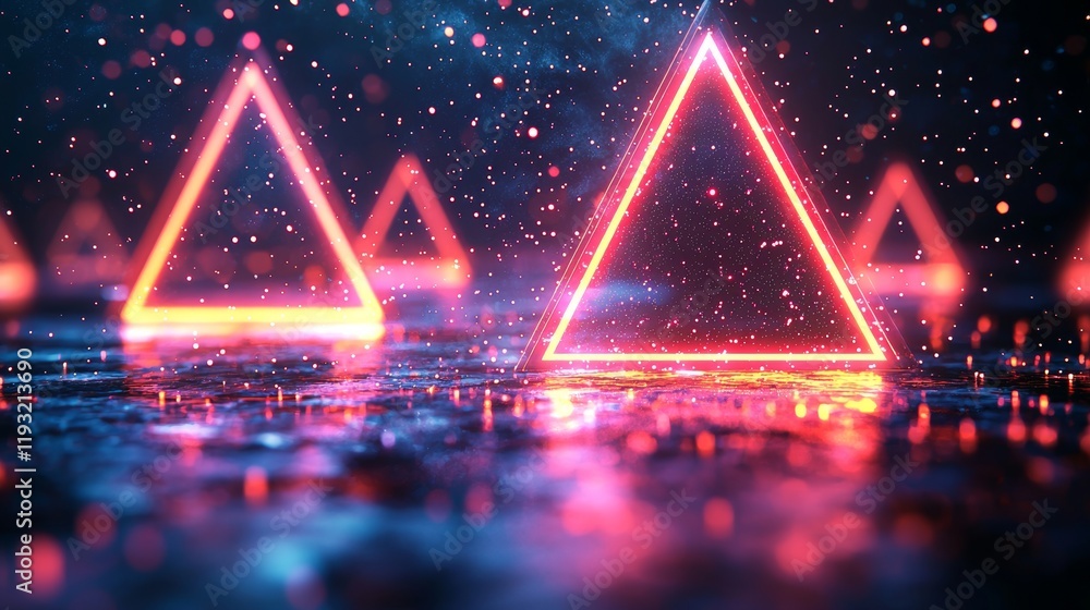 Aufkleber abstract viewpoint of dynamic neon triangle shapes set against a cosmic background in digital art, r