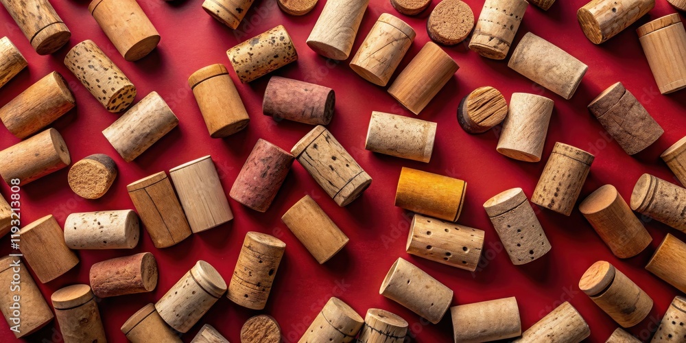 Aufkleber collection of assorted wine corks on a red background
