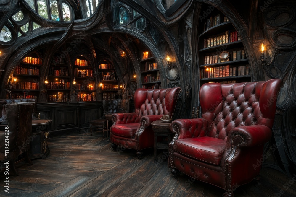 Poster a vampire's lair hidden in an ornate library, with secret passages and ancient tomes glowing with fa