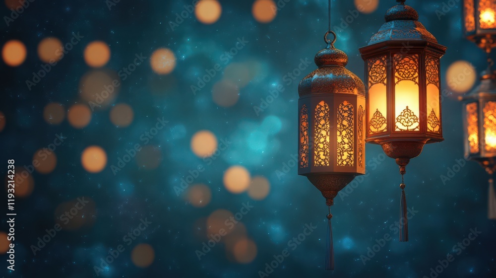 Poster hanging ornate lanterns glow against a bokeh background creating a warm atmosphere
