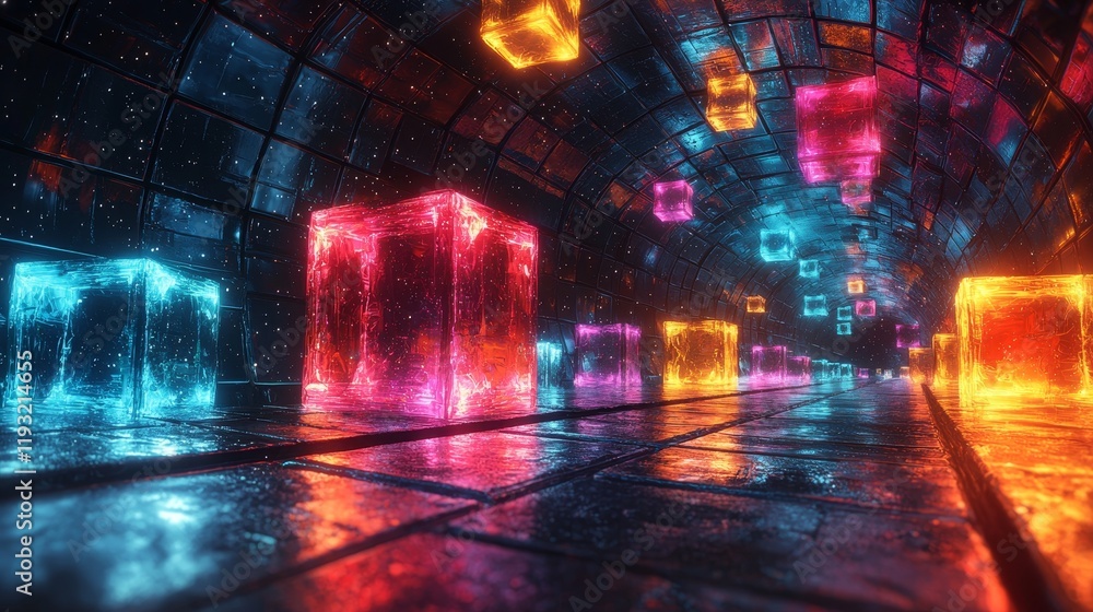 Poster an abstract digital artwork featuring dynamic cubes moving through a tunnel of darkness