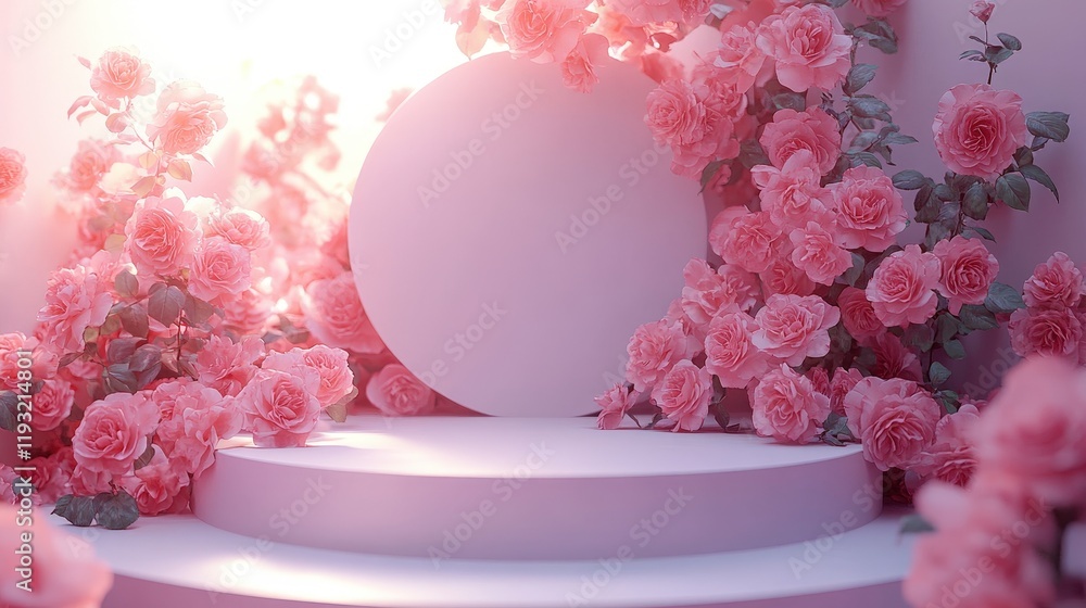 Aufkleber empty podium surrounded by delicate pink roses in a soft light setting for elegant presentations or 