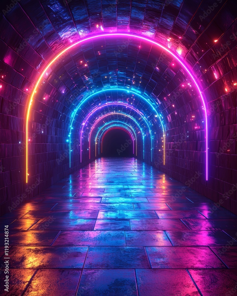 Poster in a dynamic perspective, a colorful light display of an artistic digital tunnel creates a vibrant a
