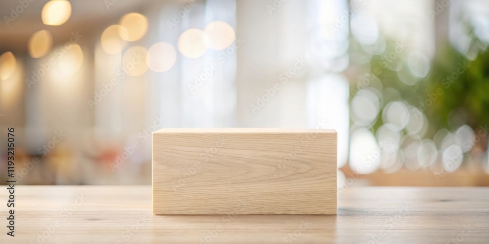 Aufkleber simple wooden block on tabletop with blurred background