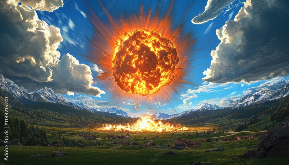 Poster a large explosion has occurred in a field with mountains in the background