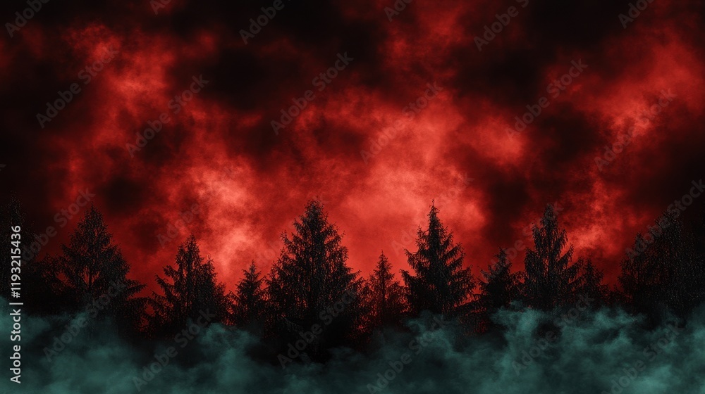 Poster a forest with trees in the foreground and a dark sky in the background