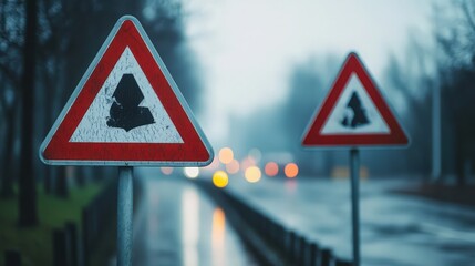Two worn road signs with triangular shape and red outline by a rainy street