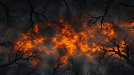 A dark sky with a fire in the background