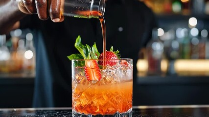 Bartender skillfully prepares a vibrant cocktail with fresh ingredients in a modern bar environment