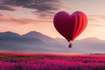 Fototapeta premium A vibrant digital illustration of a heart-shaped hot air balloon floating over a colorful meadow at sunrise