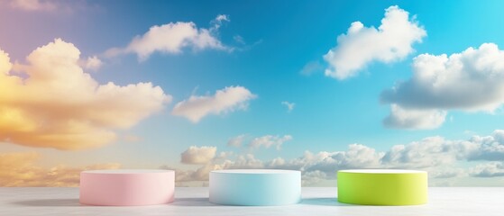 Vibrant pastel objects against a serene sky, evoking a sense of calm and tranquility.