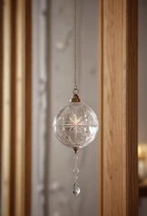 A delicate crystal ornament hanging from a wooden dowel in a cozy room , Holiday Ornaments, Winter Wonder