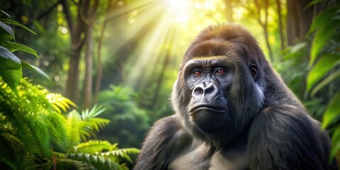 Obraz premium A Majestic Gorilla in a Lush Green Forest, Bathed in Sunlight