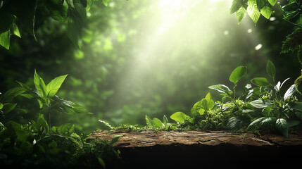 Natural mockup with stone platform and forest background for product display - obrazy, fototapety, plakaty