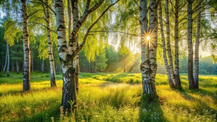 Obraz premium Sunlit Birch Grove at Dawn A Serene Landscape of Nature's Beauty