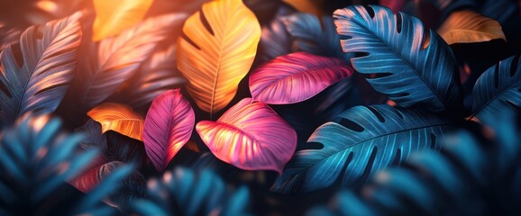 Vibrant tropical leaves in sunset hues.