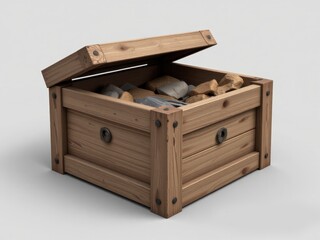 Rustic Wooden Chest Box Filled with Stones Antique Treasure Trunk Open Lid