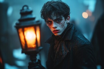A young vampire standing at the gates of a graveyard, a lantern in hand and a predatory gleam in their eyes