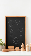 Minimalist chalkboard with geometric shapes and wooden toys displayed