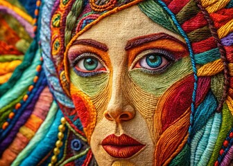 Fototapeta premium Abstract Embroidered Face Textile Art: Left-Positioned, Copy Space