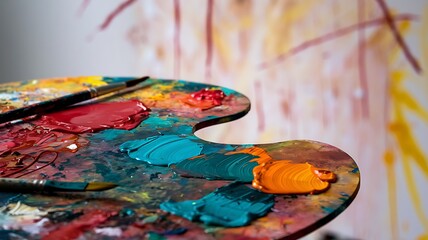Fototapeta premium Close-up of a paint-smeared artist’s palette with vibrant red, teal, orange, and yellow hues. Scattered brushes and blurred background of an abstract painting evoke