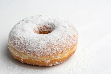 A donut covered in a thick layer of sparkling powdered sugar is placed on a white background, food styling, sweet treats