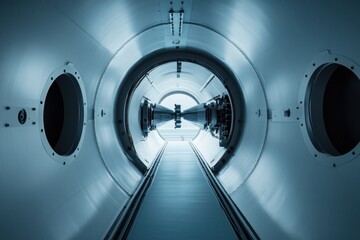 A unique perspective from inside a wind turbine during a windy day, showing the inner workings and blades in motion. This image captures the technology at work, providing insight into how wind energy