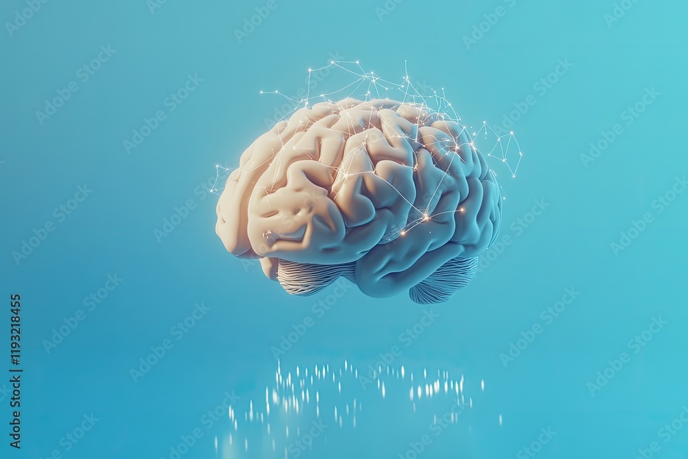 Aufkleber 3d-rendered human brain floating in digital blue space with neural pathways glowing softly around it