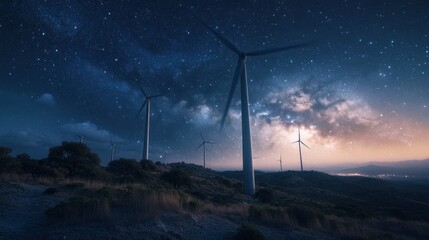 A breathtaking view of a wind farm at night, with stars twinkling in the sky and turbines illuminated by soft LED lights. The contrast between the natural night sky and the technological