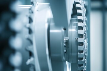 Fototapeta premium A close-up of wind turbine gears and mechanisms, showcasing the intricate engineering involved in wind energy technology. The focus on the details emphasizes the complexity and innovation behind