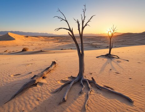 ead trees on sand dunes during a sunset, and sun beams.  Arid climate, dry landscape, desert.