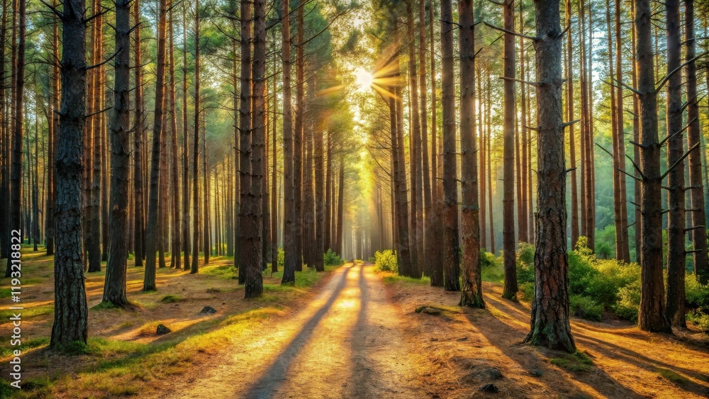 Poster golden sunlight illuminates a forest path at dawn