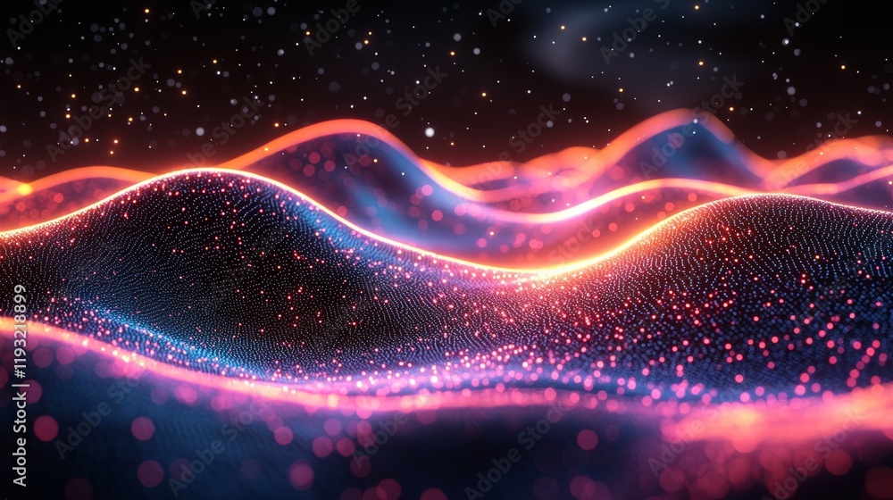 Poster an enchanting display of a colorful abstract swirl accompanied by neon lights and shimmering particl