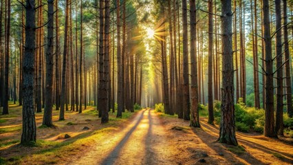 Fototapeta premium Golden Sunlight Illuminates a Forest Path at Dawn