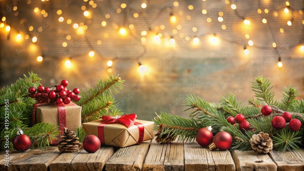 Aufkleber rustic christmas scene with gifts, evergreen boughs, and ornaments on wooden surface, illuminated by