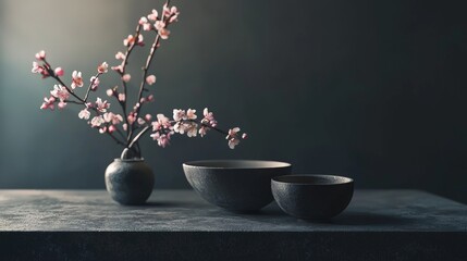 Minimalist tea set with cherry blossoms on a gray surface