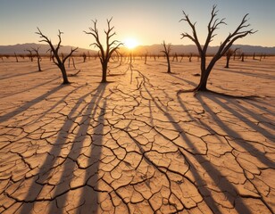 Dead trees with long shadows, cracked ground, sunset light...Concept: Desert, arid, barren, harsh, dry, long shadows.