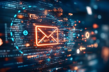 Fototapeta premium A sleek envelope icon surrounded by digital elements, representing the concept of modern email marketing