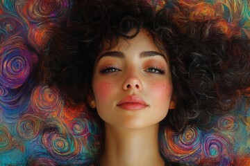 Fototapeta premium a whimsical portrait of a woman set against an imaginative backdrop of swirling colors and dreamlike patterns, embodying creativity and fantasy