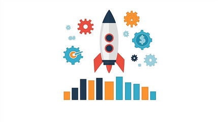 Obraz premium Rocket Launch Startup Success: A vibrant illustration depicting a rocket soaring upward, surrounded by gears and a growing bar graph, symbolizing rapid growth, innovation, and entrepreneurial success.
