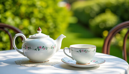 Fototapeta premium Elegant porcelain teapot and cup set with floral design on a garden table