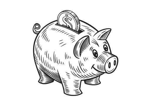 piggy bank with coin, black and white clip art preview