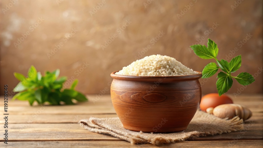 Poster a rustic bowl of uncooked rice sits on a wooden table with burlap and fresh herbs
