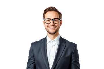 Confident professional businessman in suit with glasses, isolated on white background