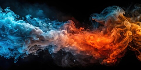 Abstract swirling blue and orange smoke art on black background
